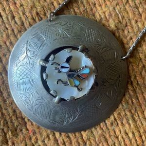 Vintage Zuni roadrunner bird silver necklace, onyx, abalone turquoise, coral,mop